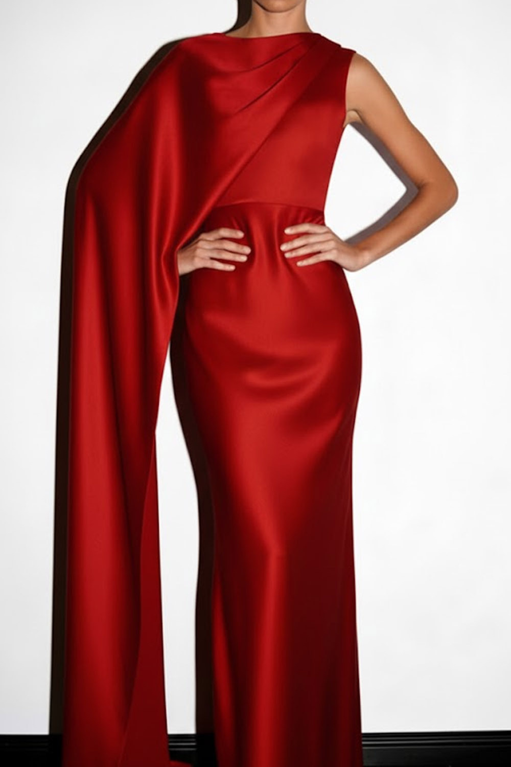 Red Evening Formal Dress One Shoulder Satin Maxi Dress with Cape