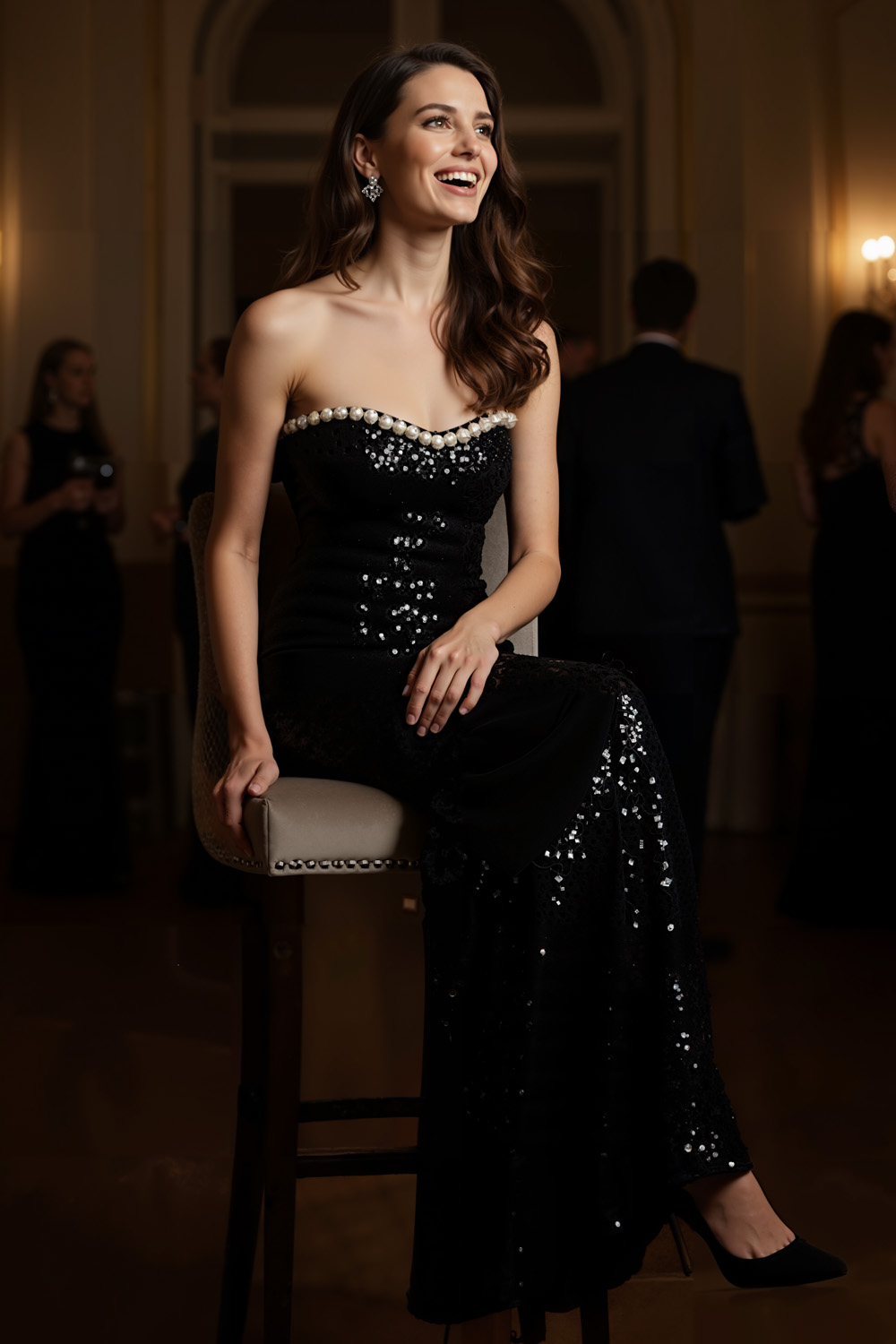 Black Formal Party Dress Sheath Strapless Sequin Maxi Dress 