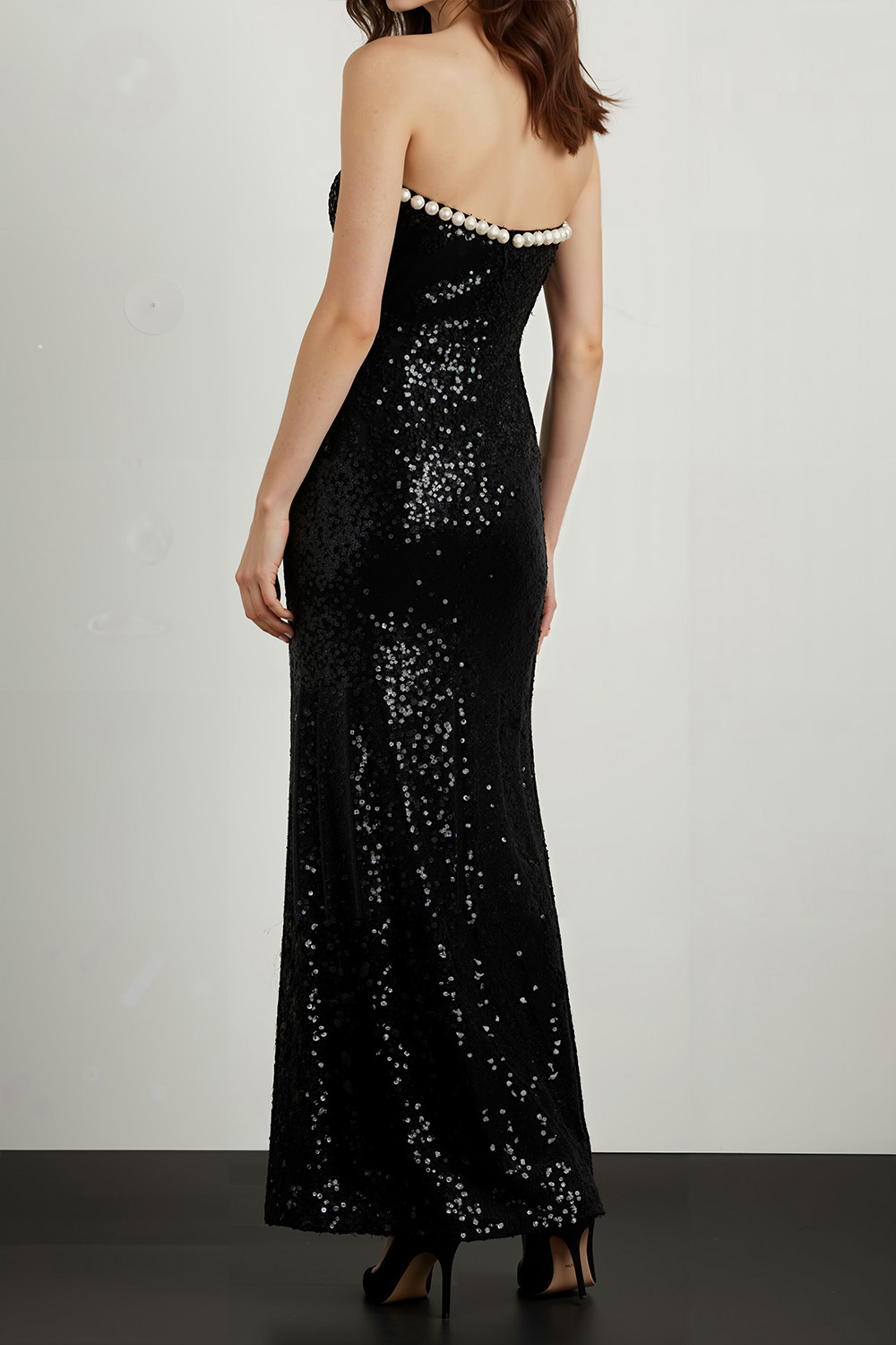 Black Formal Party Dress Sheath Strapless Sequin Maxi Dress 