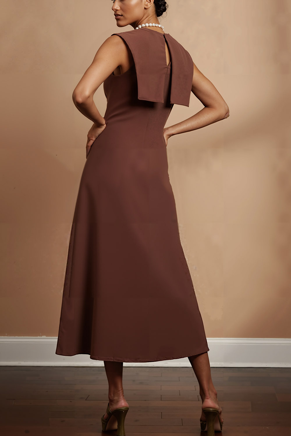 Brown Formal Evening Dress A-Line Sleeveless Cape Maxi Dress