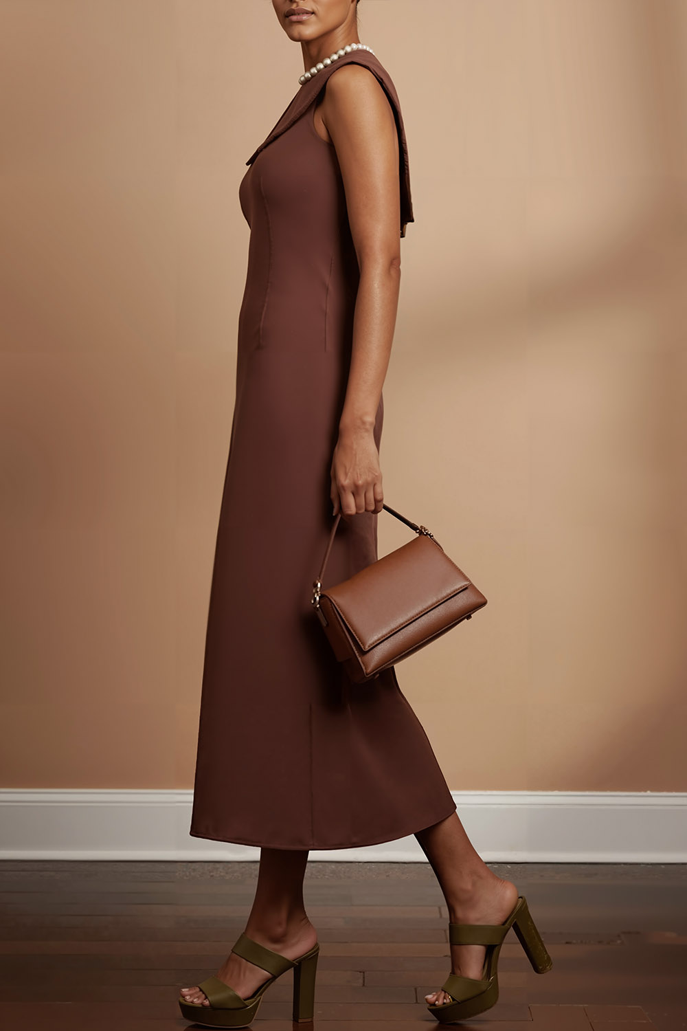 Brown Formal Evening Dress A-Line Sleeveless Cape Maxi Dress