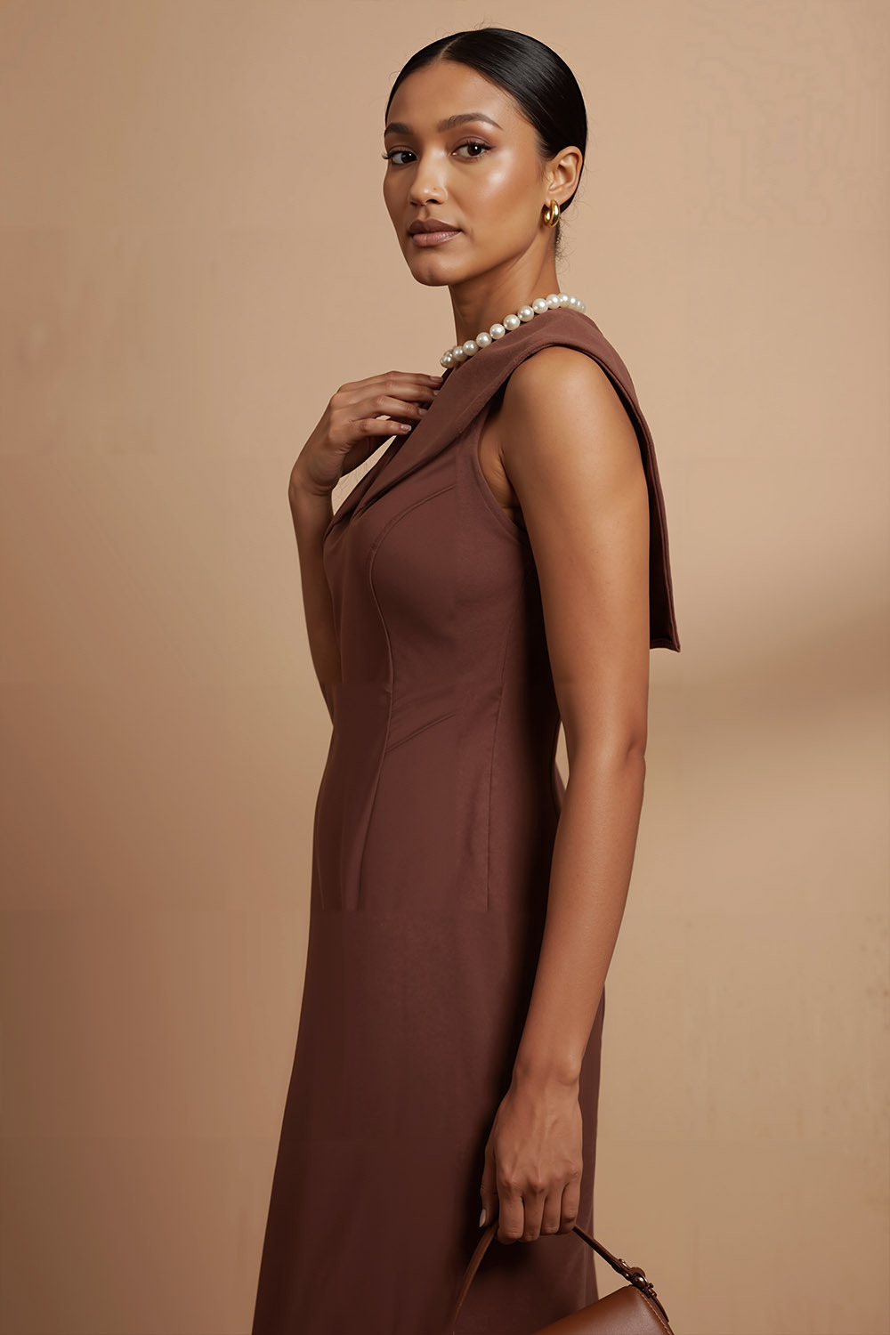 Brown Formal Evening Dress A-Line Sleeveless Cape Maxi Dress