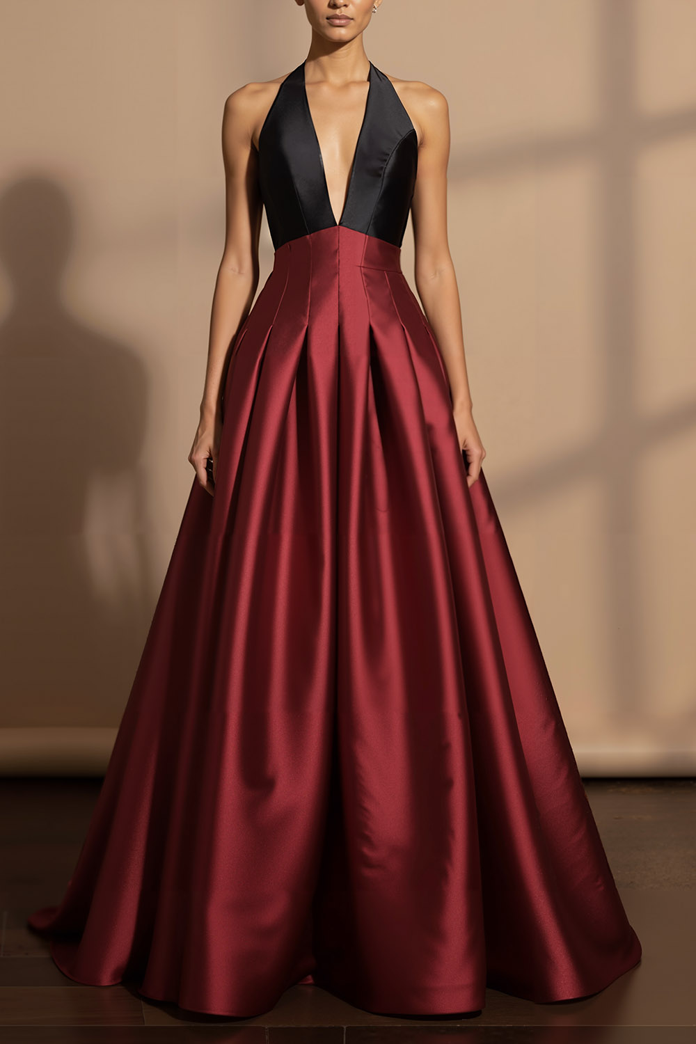 Golden Formal Evening Dress A-Line Halter Metallic Satin Maxi Dress