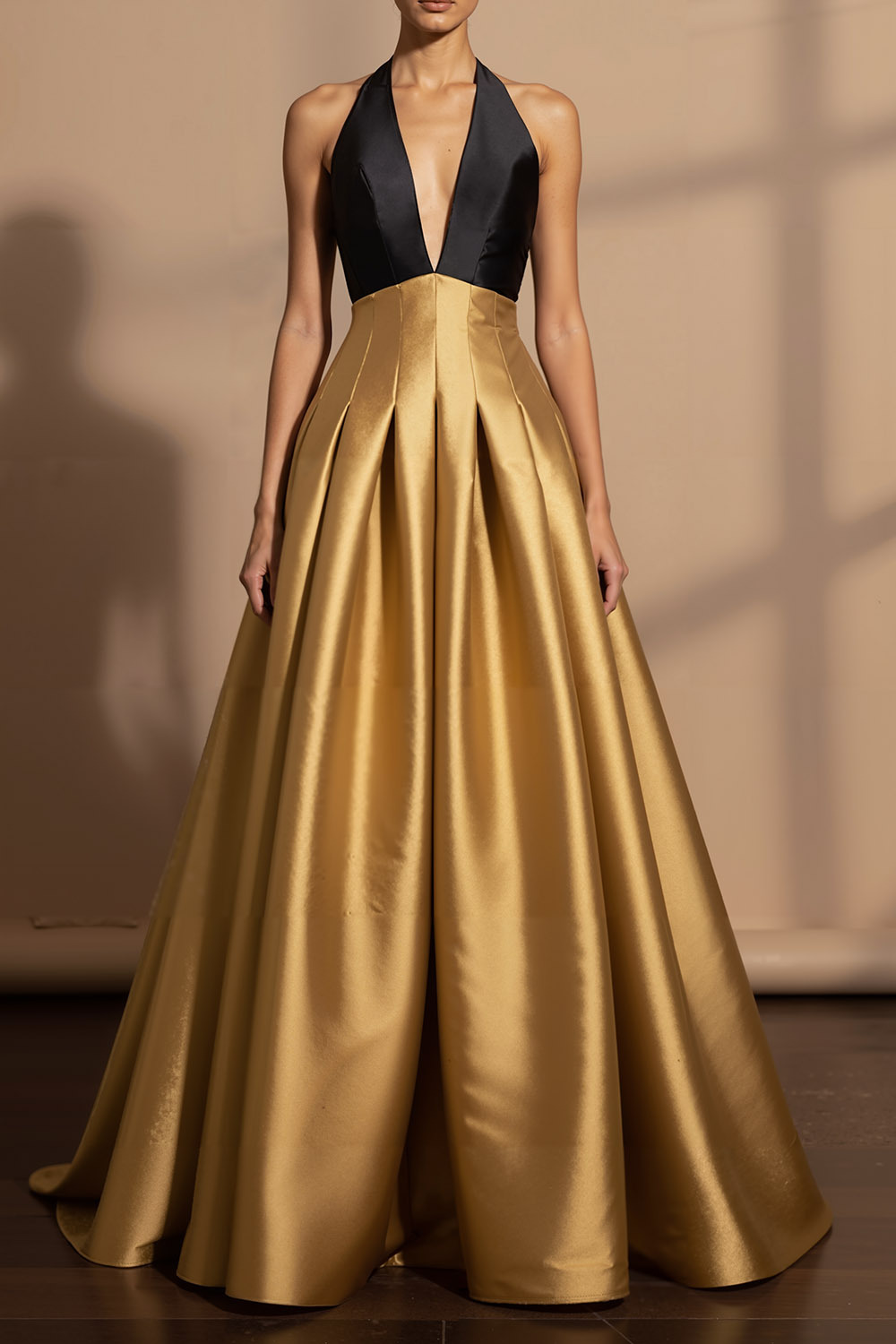 Golden Formal Evening Dress A-Line Halter Metallic Satin Maxi Dress