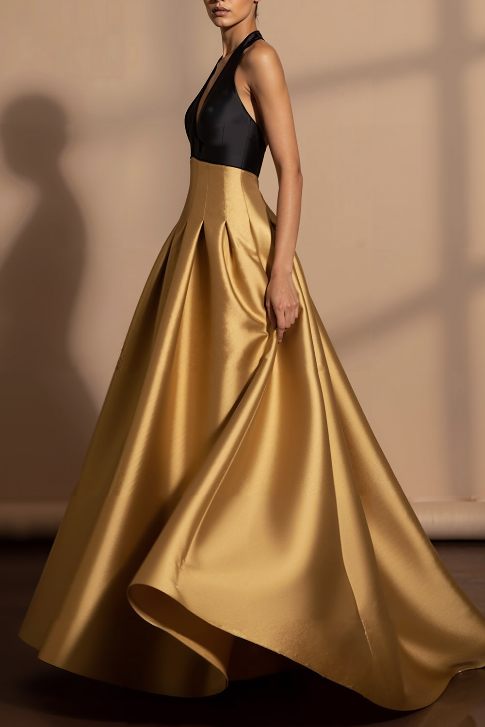 Golden Formal Evening Dress A-Line Halter Metallic Satin Maxi Dress 