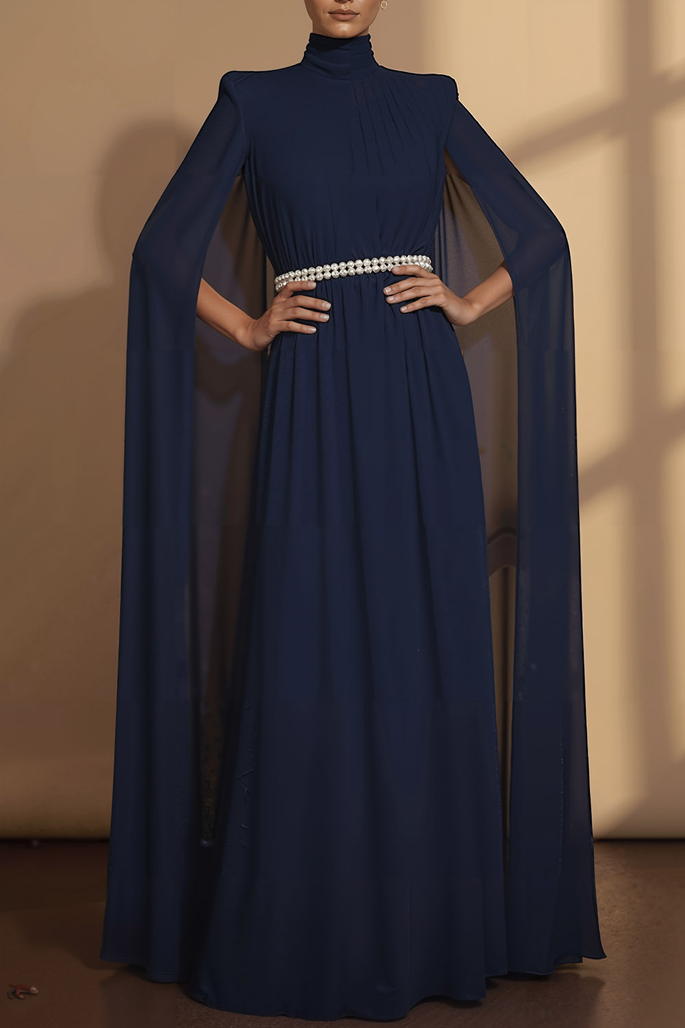 Navy Formal Dress A-Line High Neck Chiffon Maxi Dress with Cape