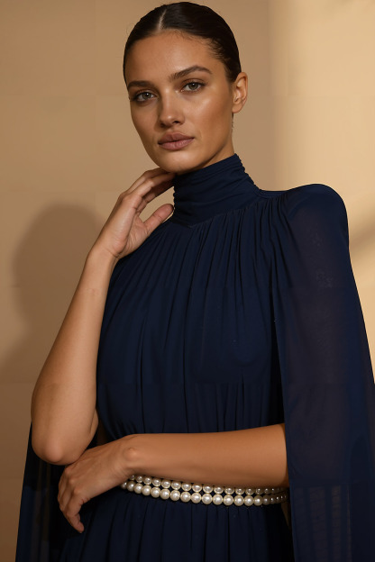 Navy Formal Dress A-Line High Neck Chiffon Maxi Dress with Cape
