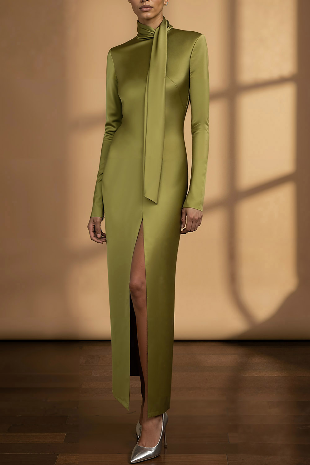 Olive Formal Dress Long Sleeve Satin Slit Maxi Dress with Scarf