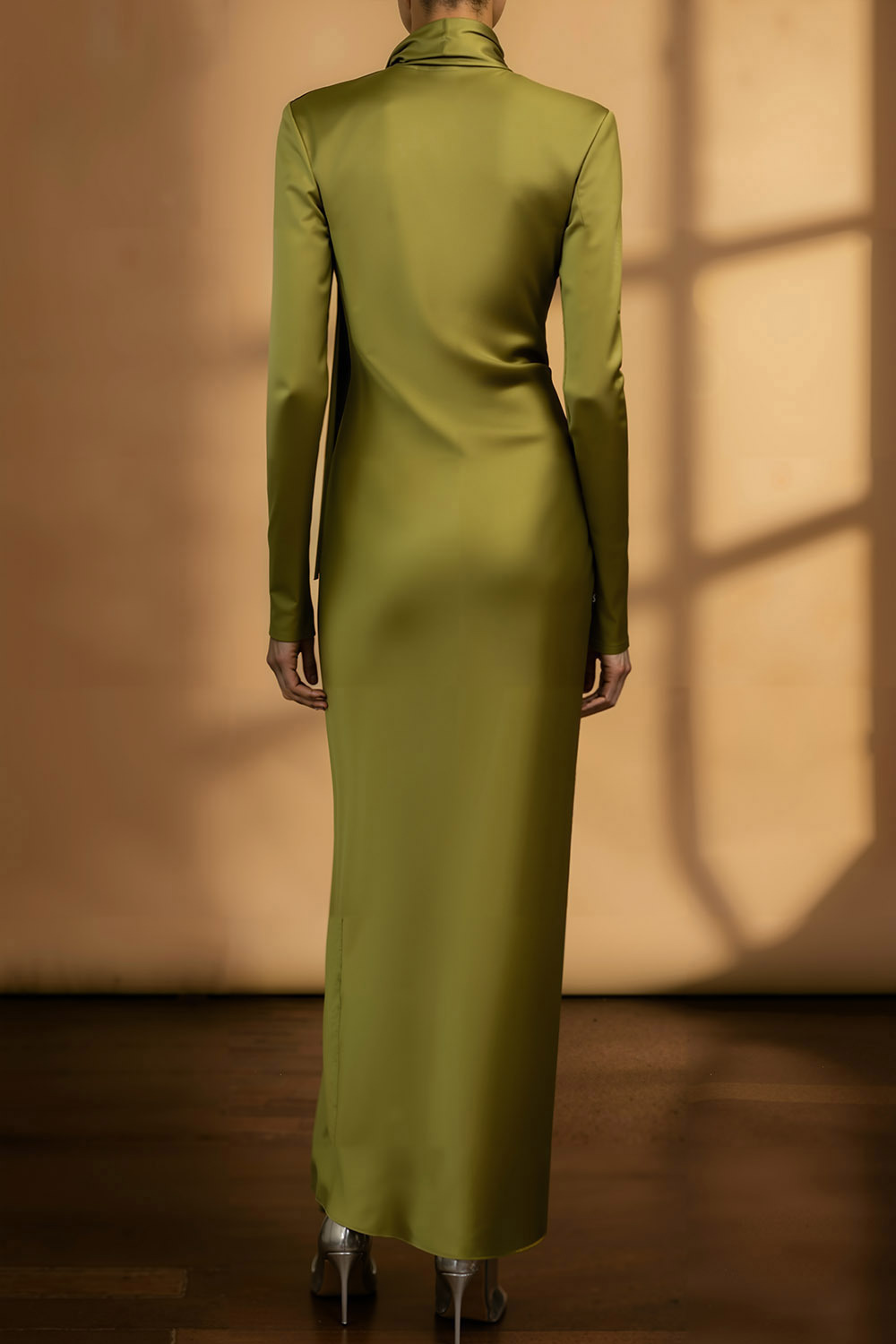 Olive Formal Dress Long Sleeve Satin Slit Maxi Dress with Scarf