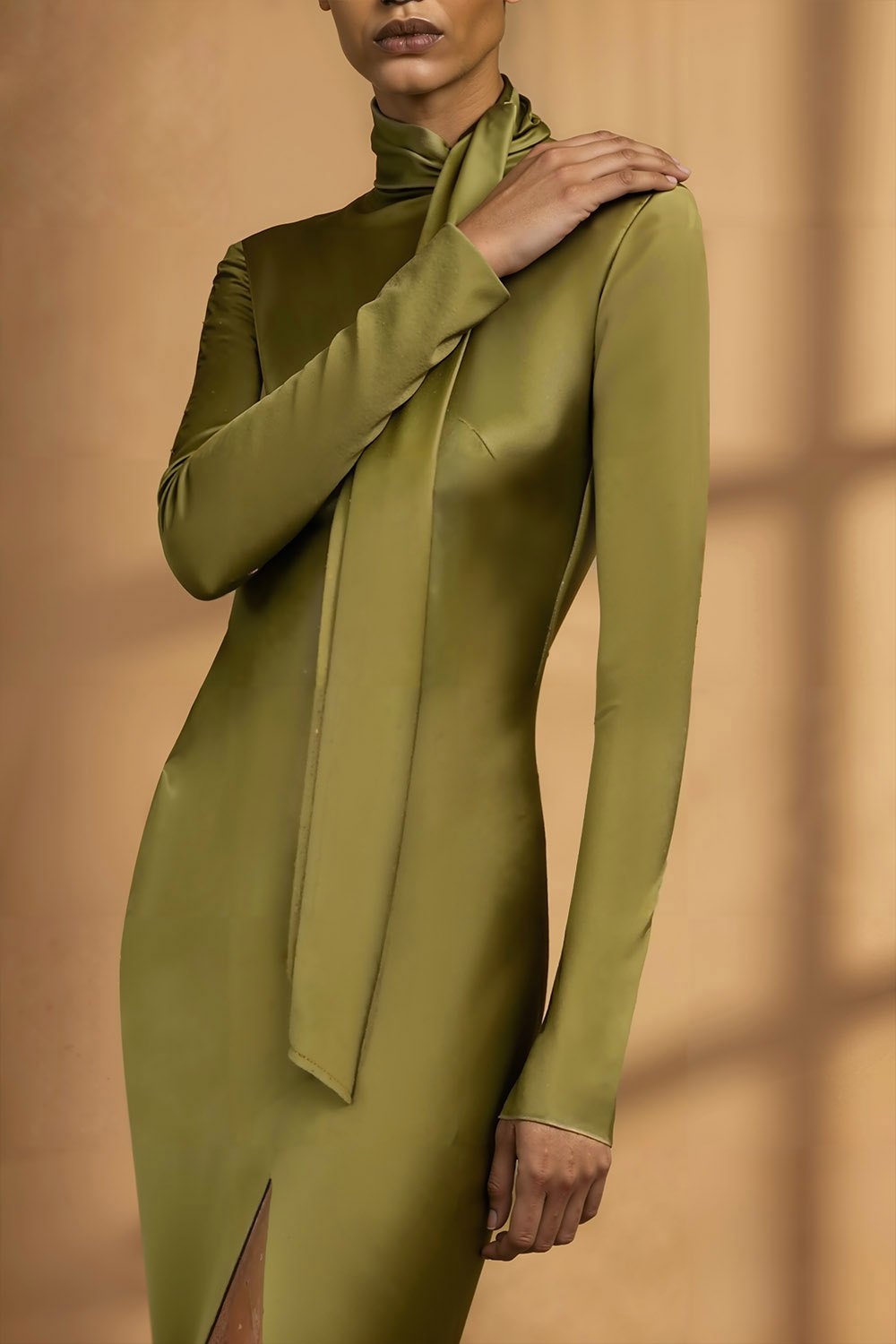 Olive Formal Dress Long Sleeve Satin Slit Maxi Dress with Scarf