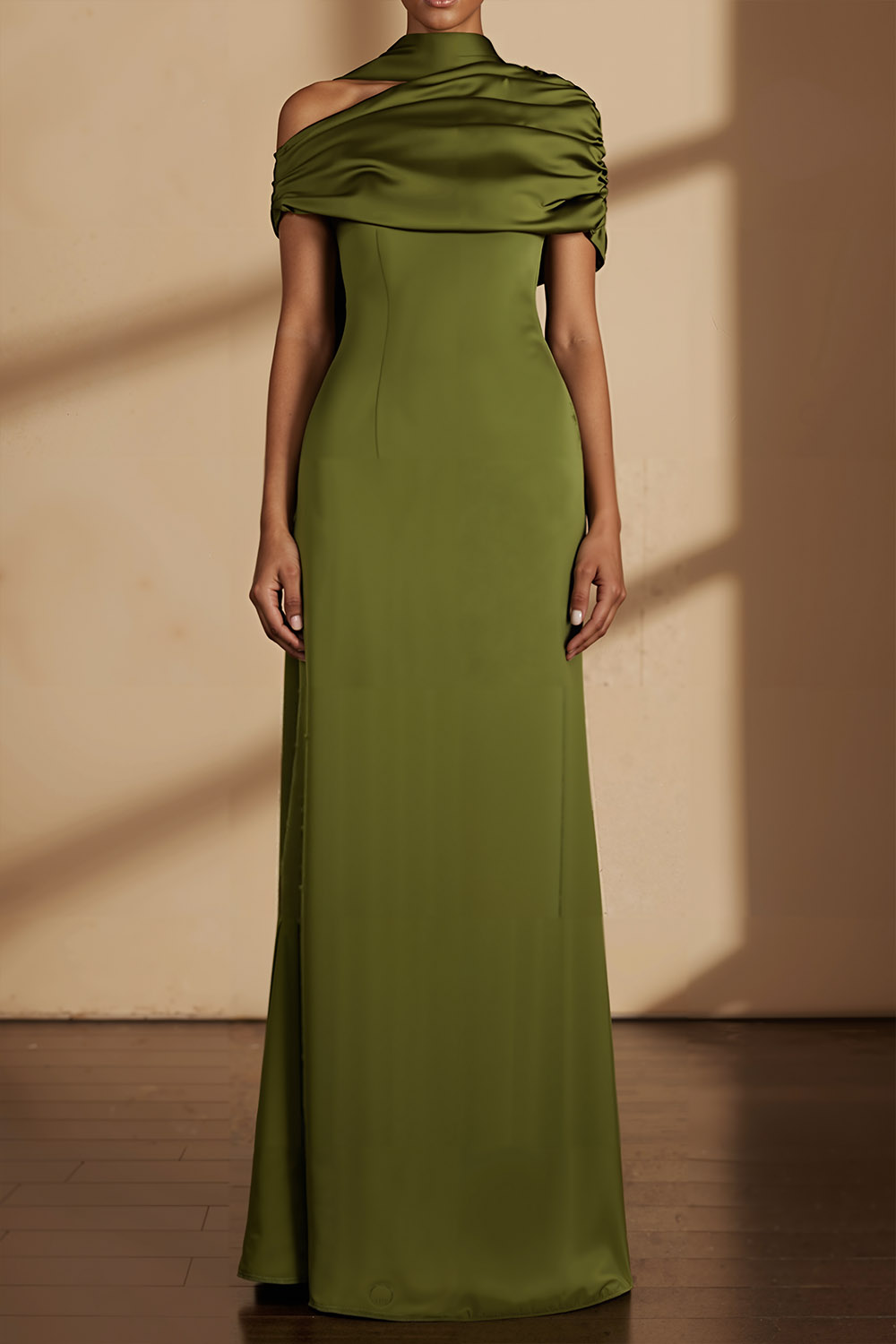 Olive Formal Dress Off the Shoulder Satin Maxi Dress with Scarf