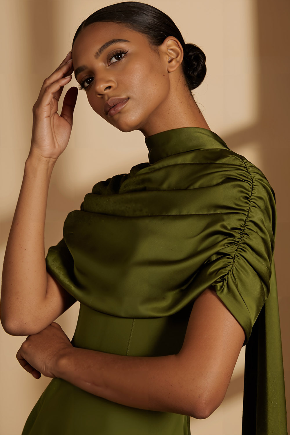 Olive Formal Dress Off the Shoulder Satin Maxi Dress with Scarf