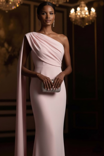 Pink Evening Formal Dress One Shoulder Maxi Dress with Cape