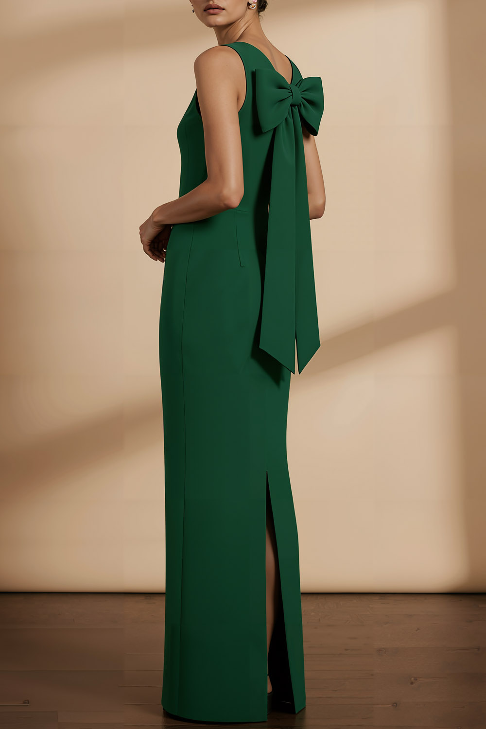 Emerald Green Formal Evening Dress Crew Neck Maxi Dress with Bowknot