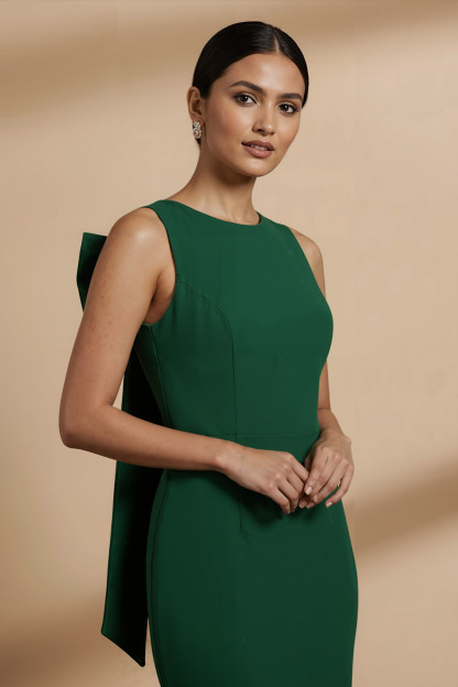 Emerald Green Formal Evening Dress Crew Neck Maxi Dress with Bowknot