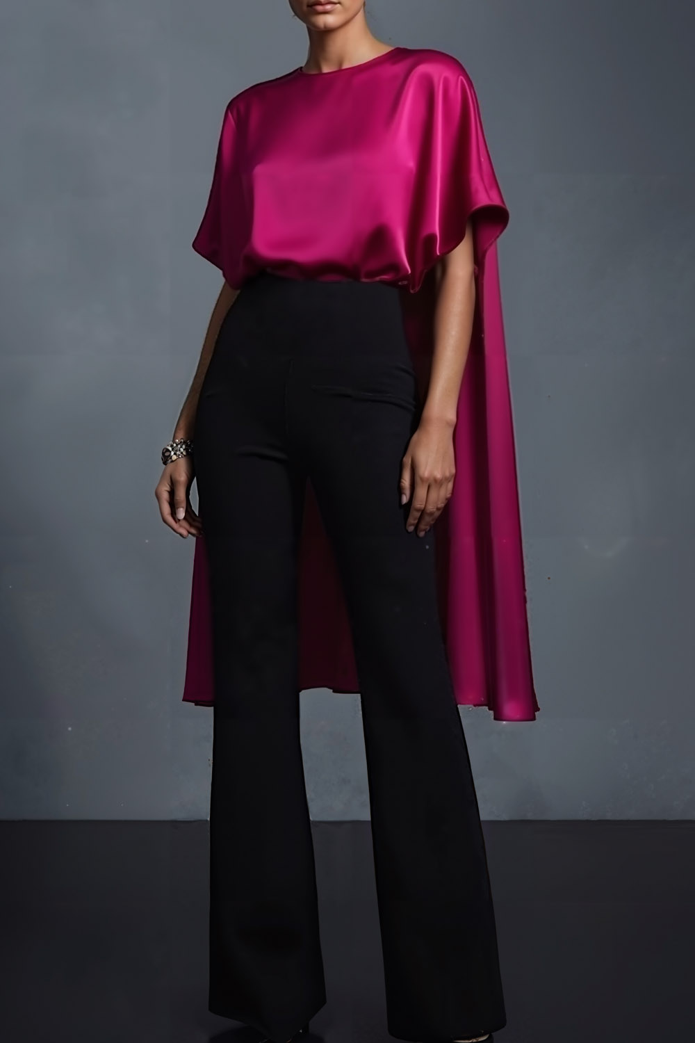 Formal Outfit Sets Fuchsia Round Neck Short Sleeve Pants Set with Cape