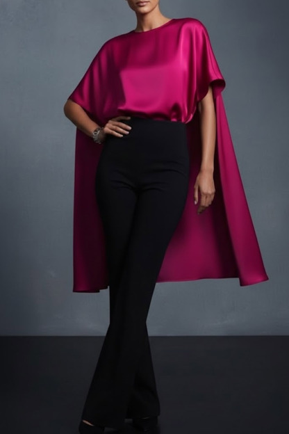 Formal Outfit Sets Fuchsia Round Neck Short Sleeve Pants Set with Cape