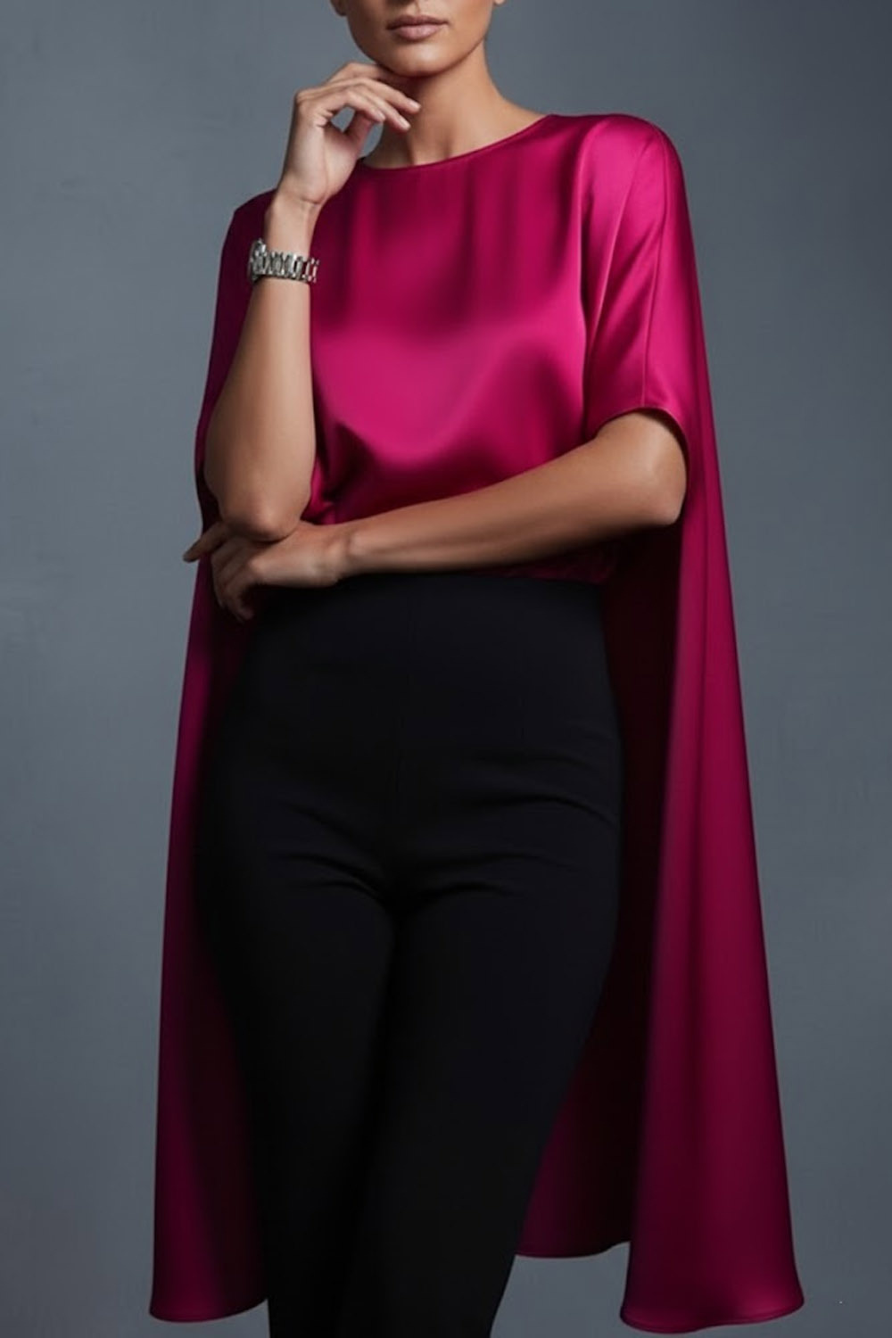 Formal Outfit Sets Fuchsia Round Neck Short Sleeve Pants Set with Cape