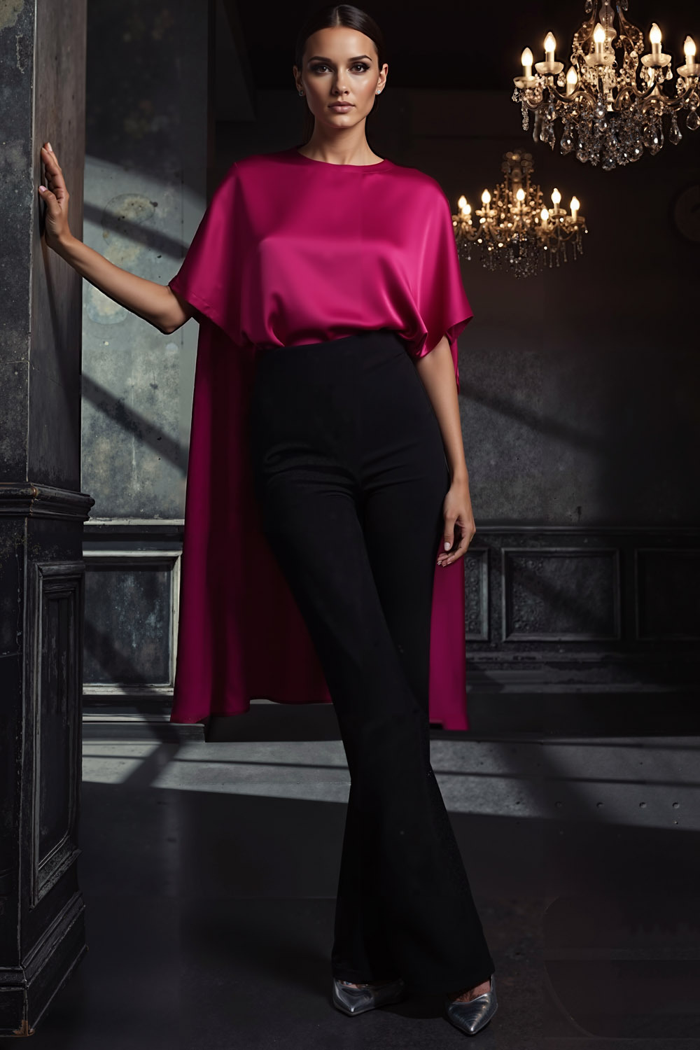 Formal Outfit Sets Fuchsia Round Neck Short Sleeve Pants Set with Cape