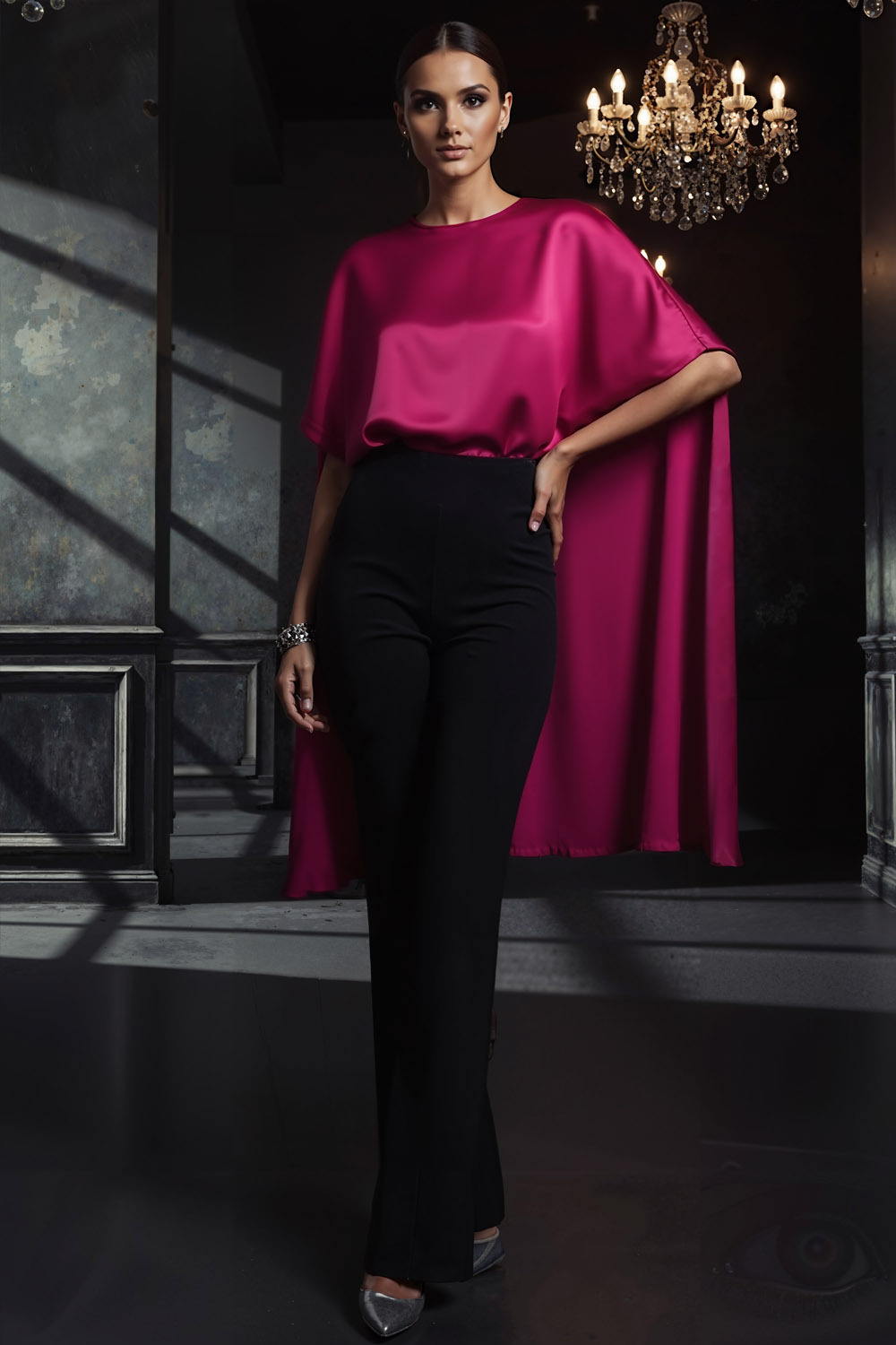 Formal Outfit Sets Fuchsia Round Neck Short Sleeve Pants Set with Cape