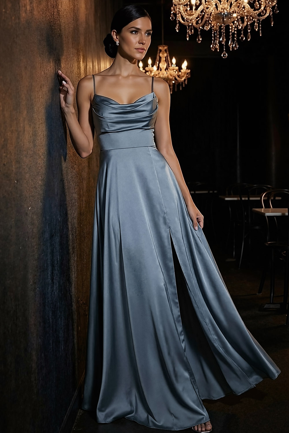 Dusty Blue Formal Wedding Guest Dress Spaghetti Straps Satin Maxi Dress