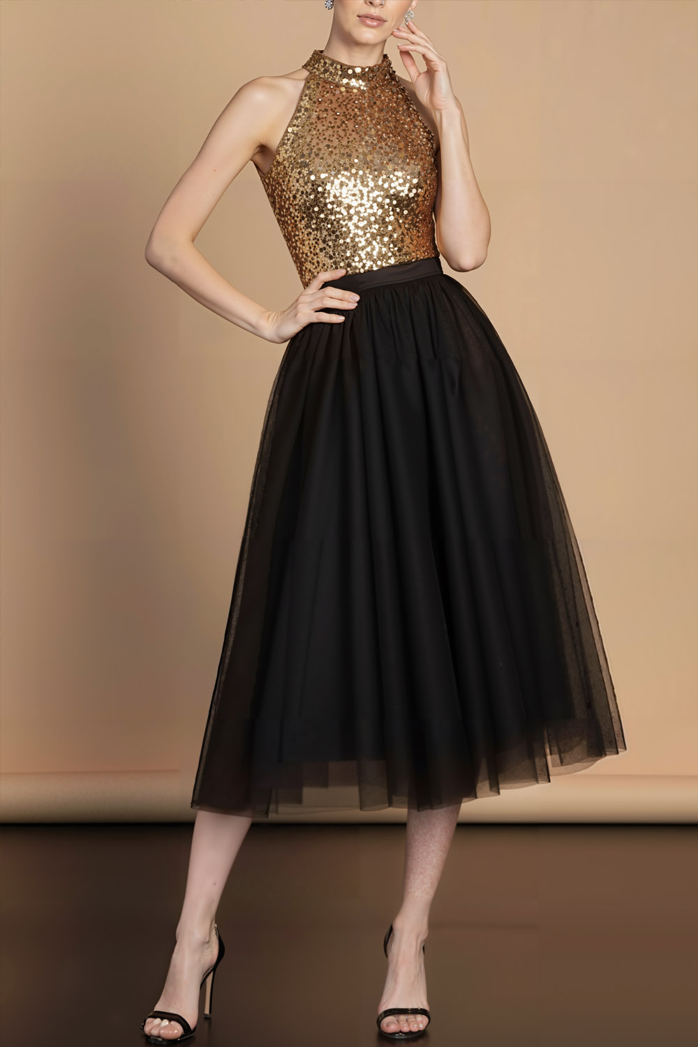 Golden Formal Party Dress A-Line Halter Sequin Midi Dress 
