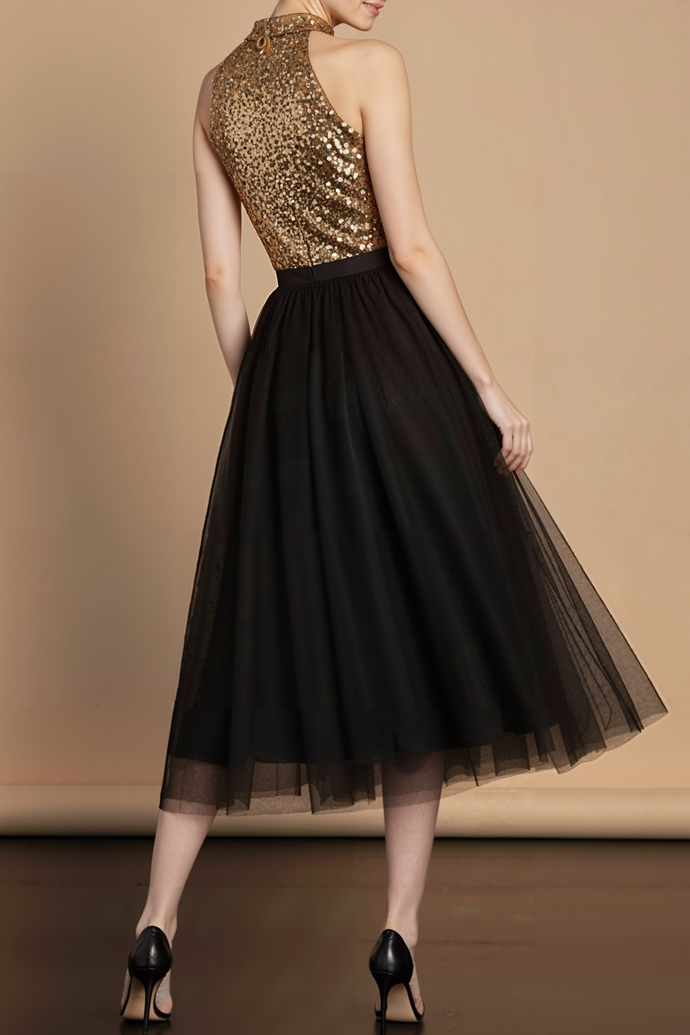 Golden Formal Party Dress A-Line Halter Sequin Midi Dress 