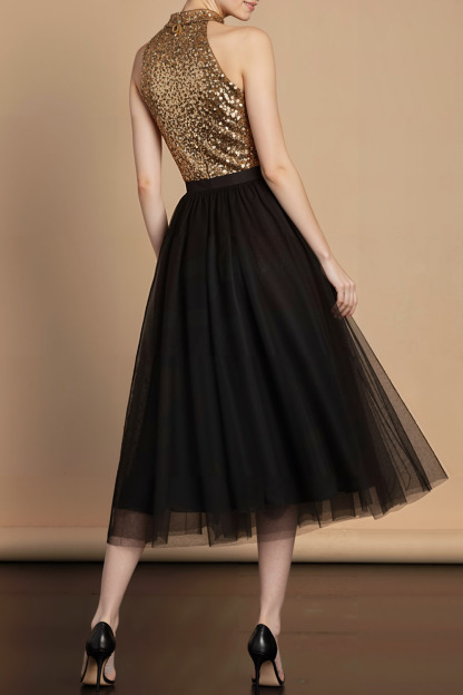 Golden Formal Party Dress A-Line Halter Sequin Midi Dress 