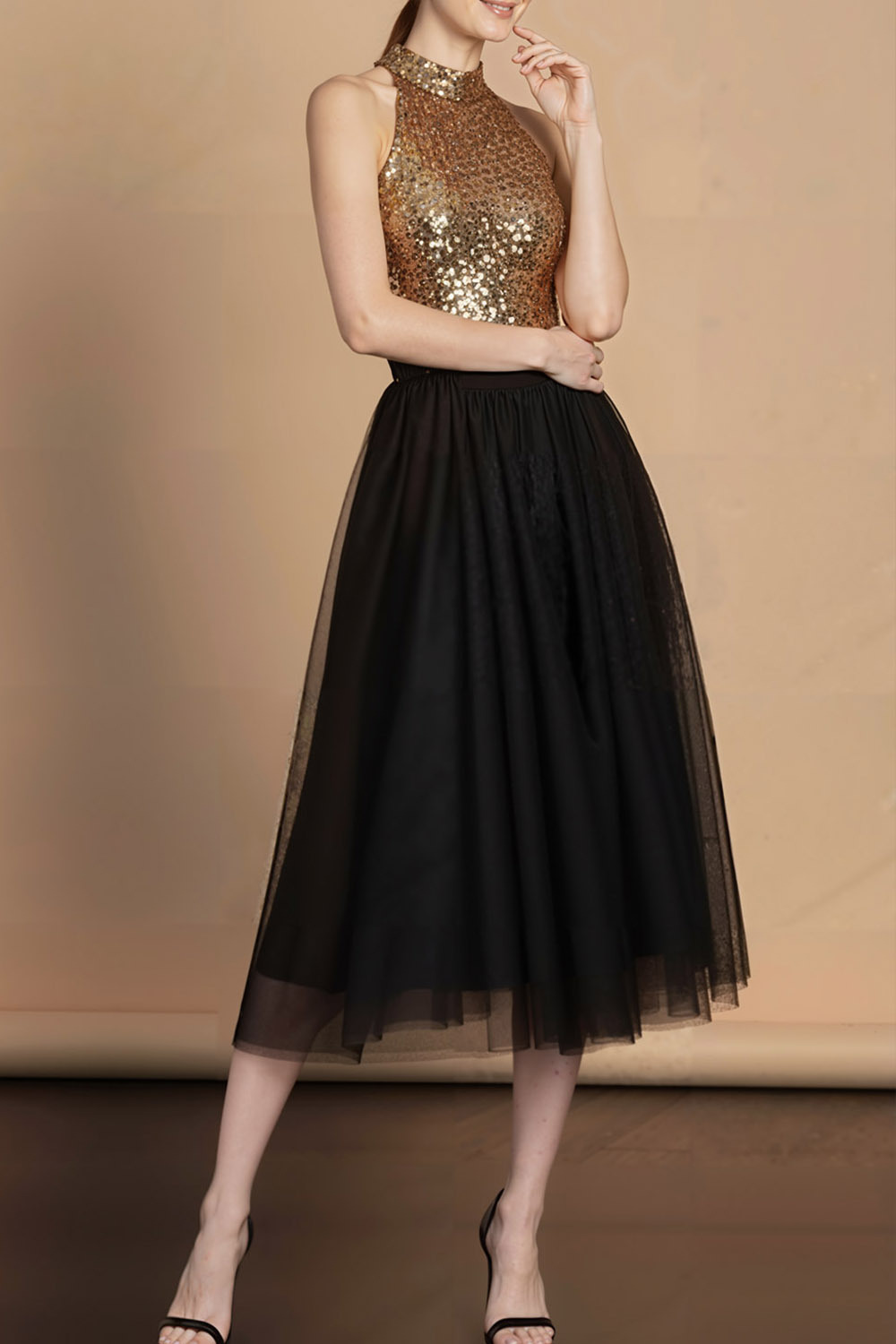 Golden Formal Party Dress A-Line Halter Sequin Midi Dress 