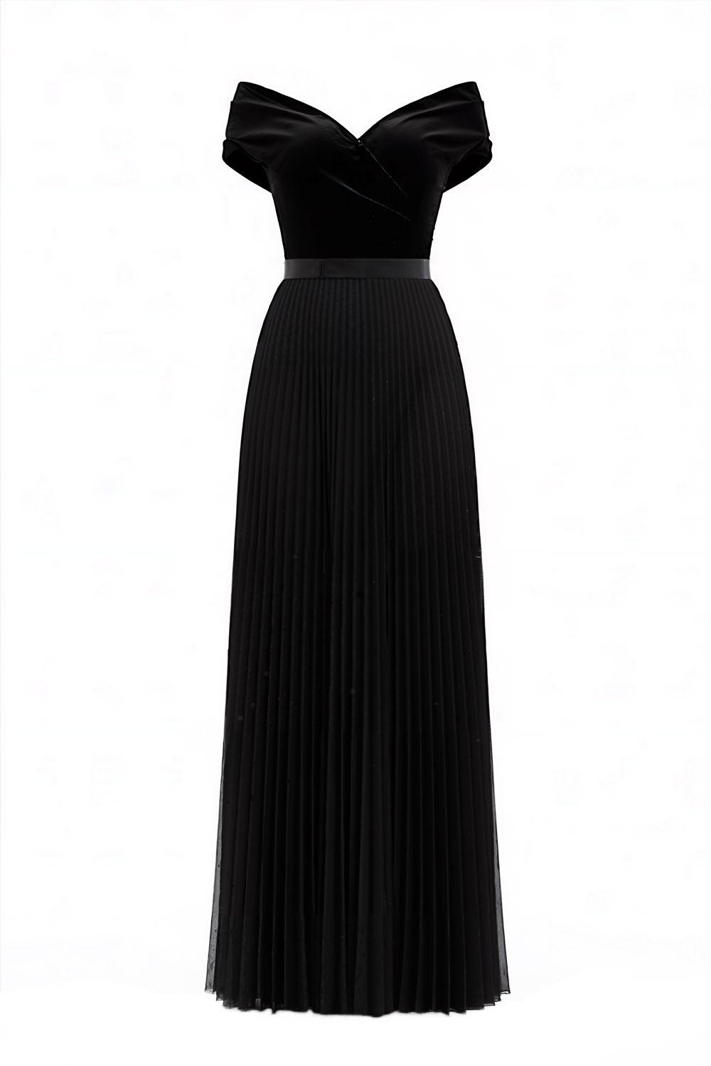 Black Formal Evening Dress A-Line Off the Shoulder Pleated Maxi Dress