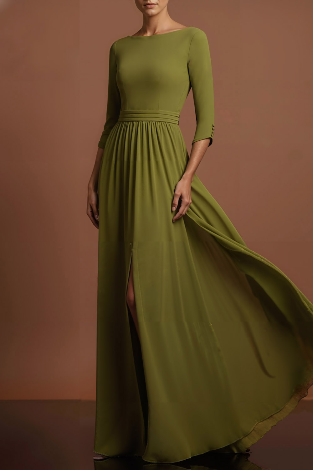 Olive Formal Evening Dress A-Line Round Neck Pleated Maxi Dress with Slit