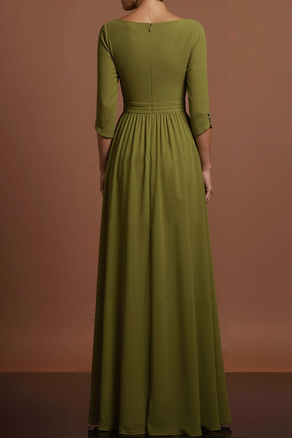Olive Formal Evening Dress A-Line Round Neck Pleated Maxi Dress with Slit
