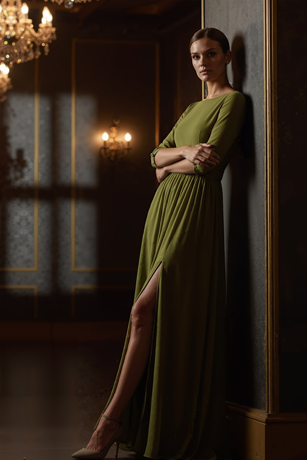 Olive Formal Evening Dress A-Line Round Neck Pleated Maxi Dress with Slit