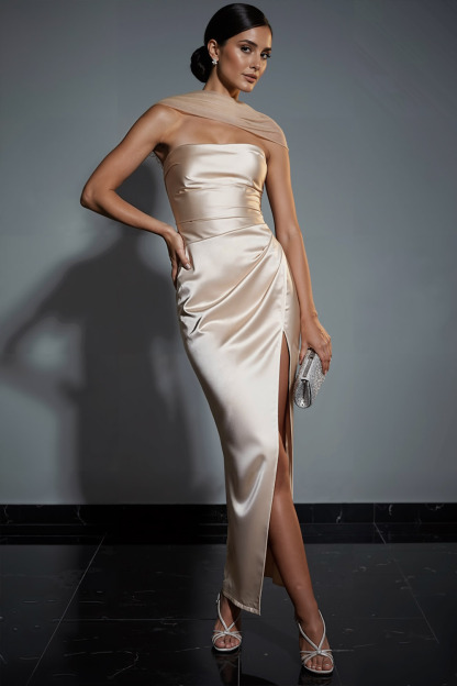 Ivory Formal Evening Dress Strapless Slit Satin Maxi Dress with Scarf