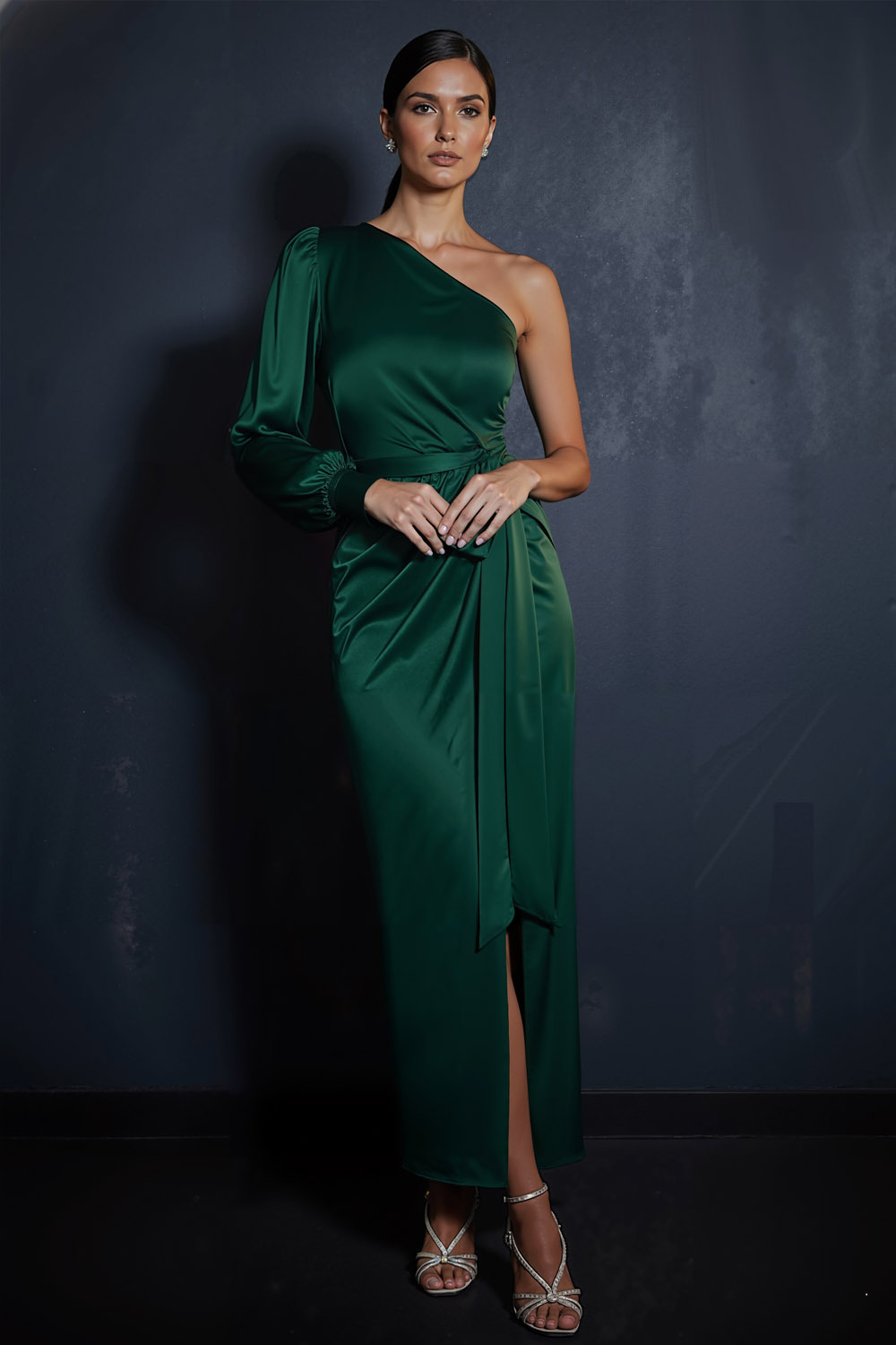 Emerald Green Evening Formal Dress Sheath One Shoulder Satin Maxi Dress