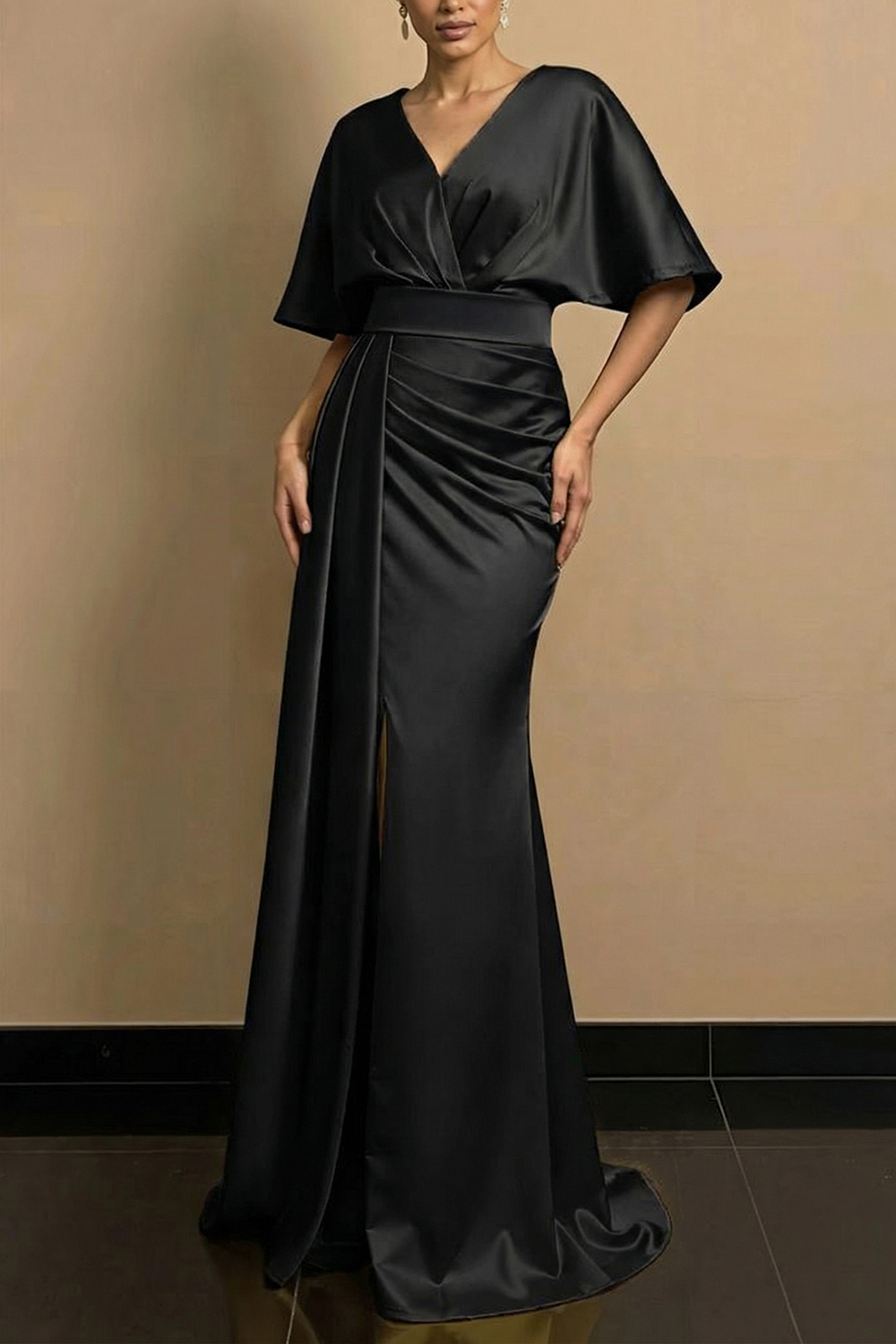 Golden Formal Evening Dress V-Neck Satin Maxi Dress with Slit