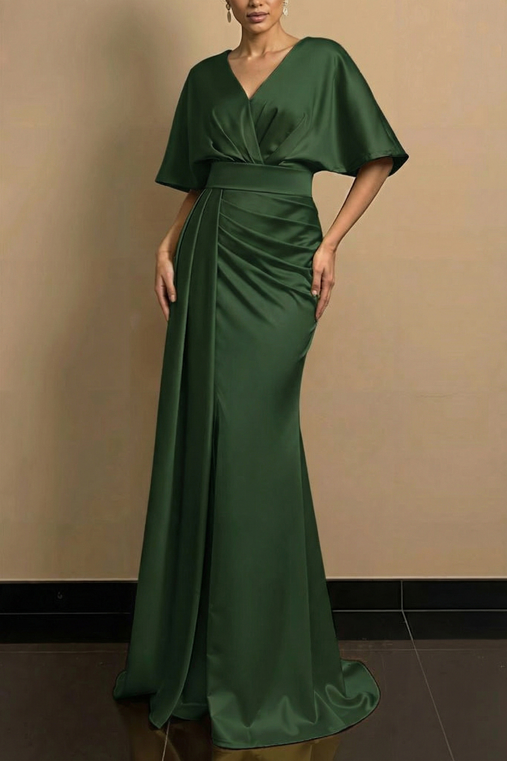 Golden Formal Evening Dress V-Neck Satin Maxi Dress with Slit