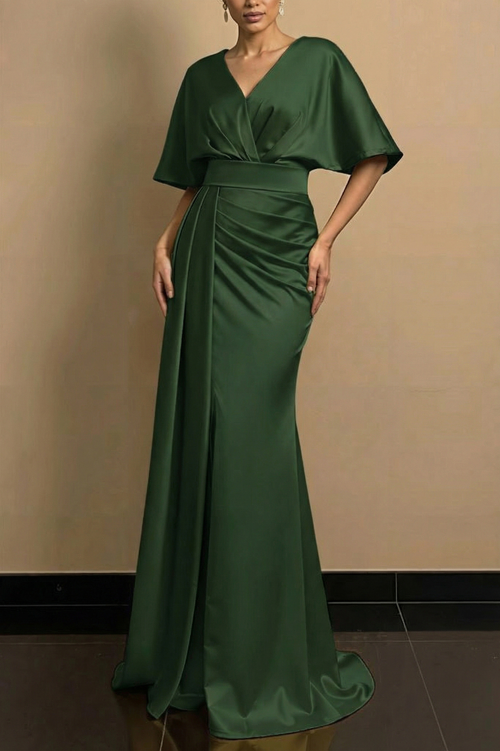 Golden Formal Evening Dress V-Neck Satin Maxi Dress with Slit