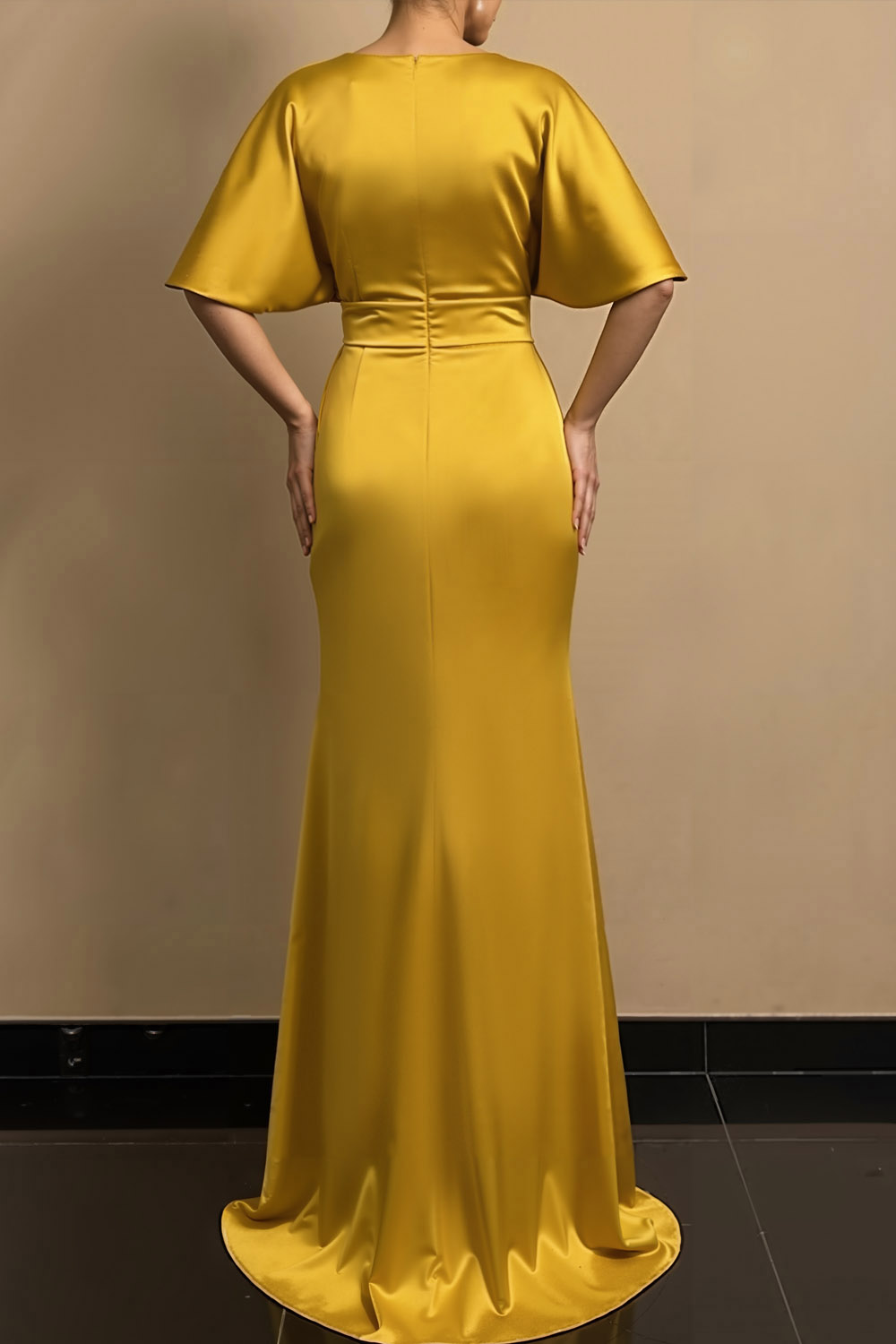 Golden Formal Evening Dress V-Neck Satin Maxi Dress with Slit