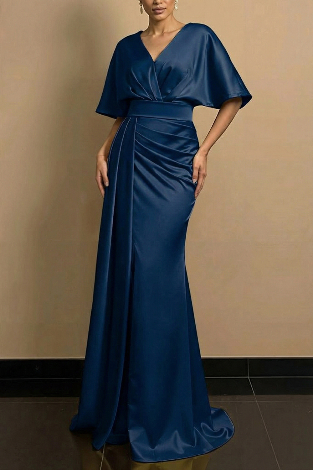 Golden Formal Evening Dress V-Neck Satin Maxi Dress with Slit