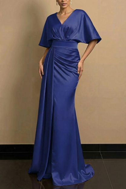 Golden Formal Evening Dress V-Neck Satin Maxi Dress with Slit