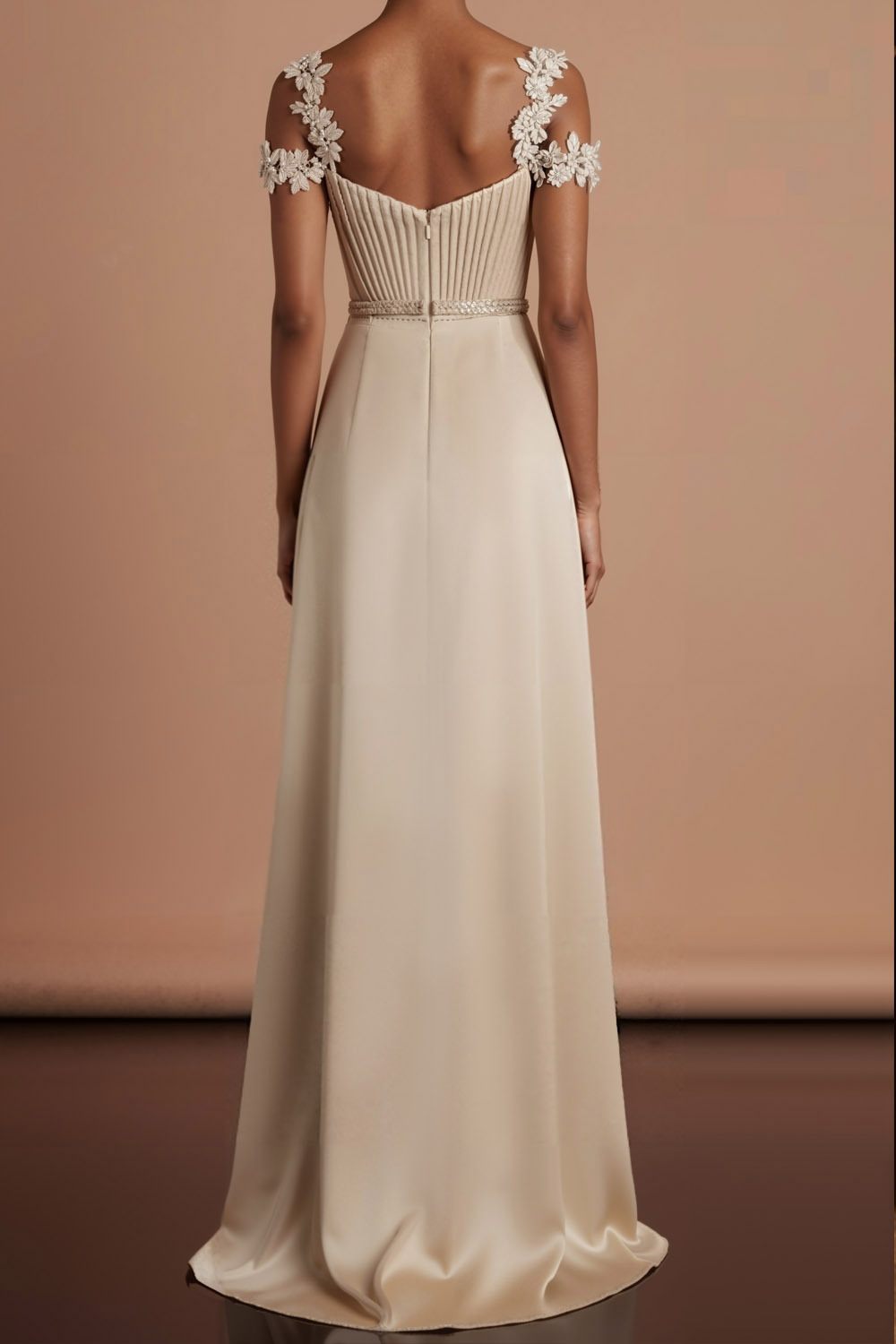 Ivory Formal Evening Dress Applique Cold Shoulder Satin Maxi Dress with Slit