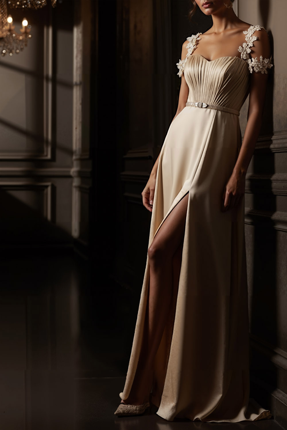 Ivory Formal Evening Dress Applique Cold Shoulder Satin Maxi Dress with Slit