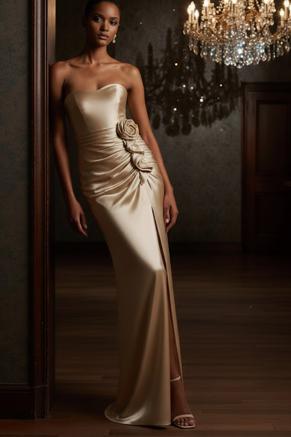 Ivory Formal Evening Dress Strapless Satin Slit Maxi Dress with 3D Flower
