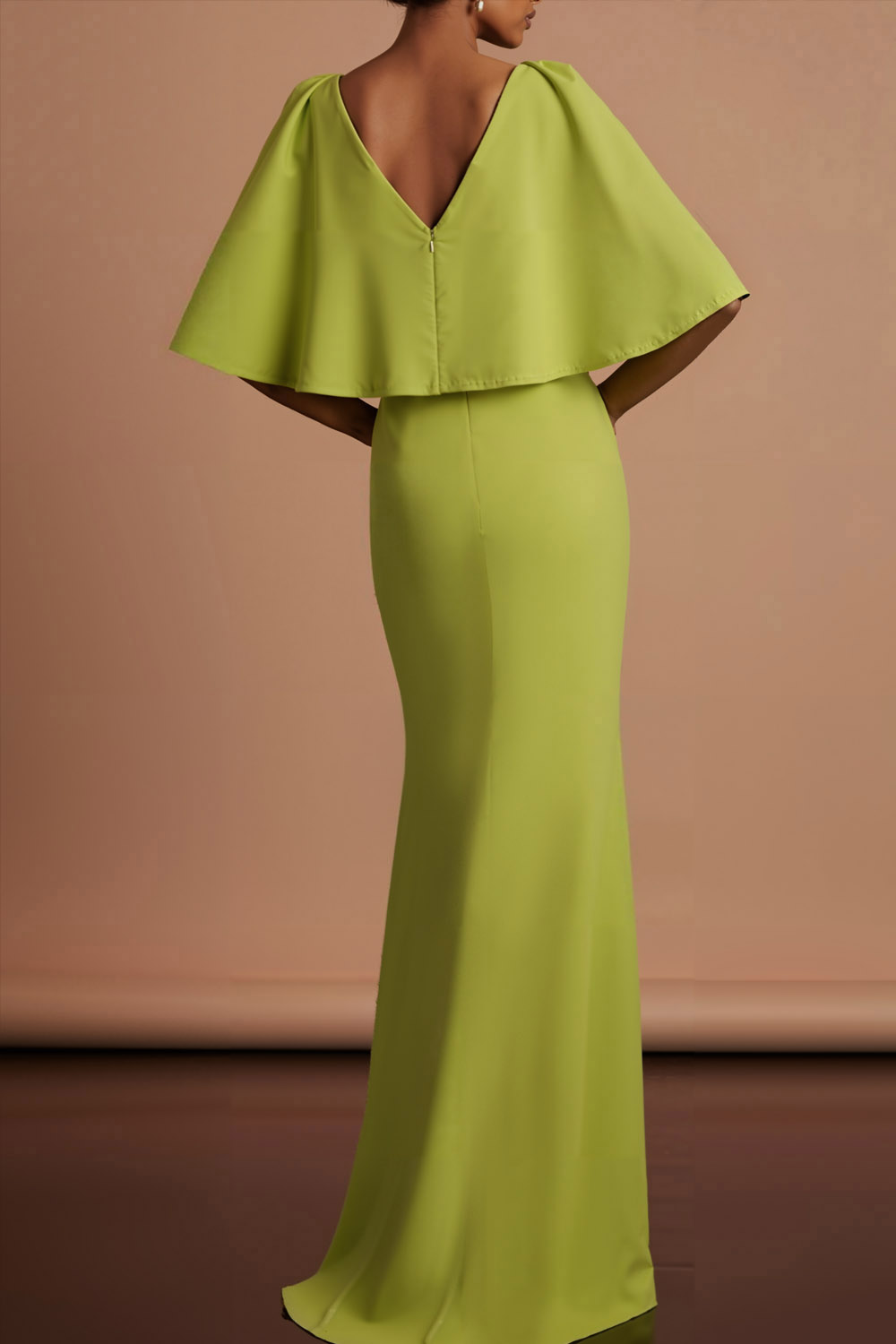 Mustard Green Formal Evening Dress V-Neck Maxi Dress with Cape