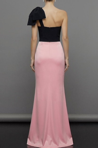 Pink Formal Evening Dress One Shoulder Satin Maxi Dress with Slit