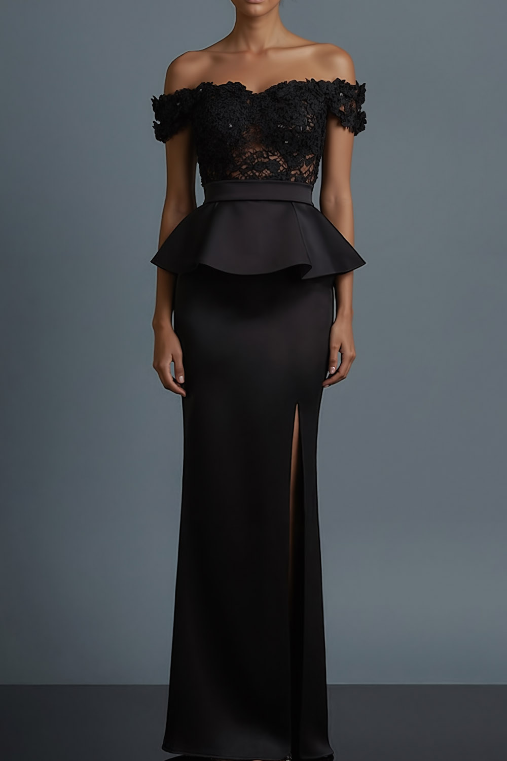 Black Formal Evening Dress Sheath Off the Shoulder Lace Maxi Dress 