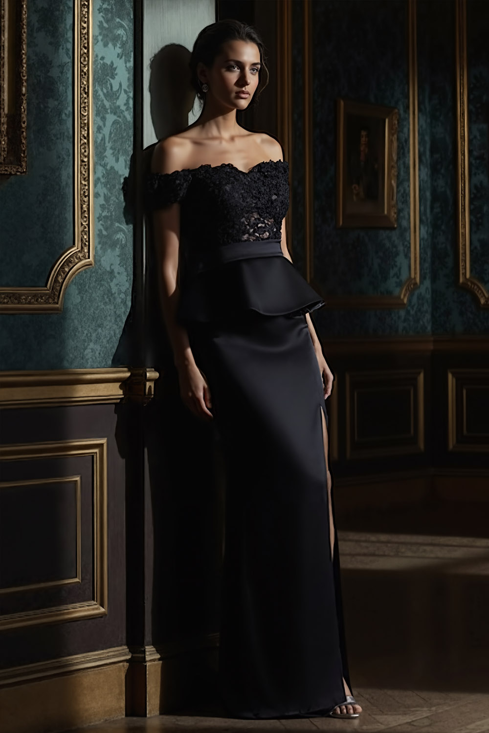 Black Formal Evening Dress Sheath Off the Shoulder Lace Maxi Dress 