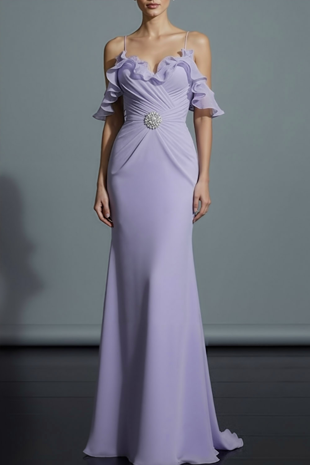 Lilac Formal Evening Dress Cold Shoulder Chiffon Maxi Dress with Ruffle