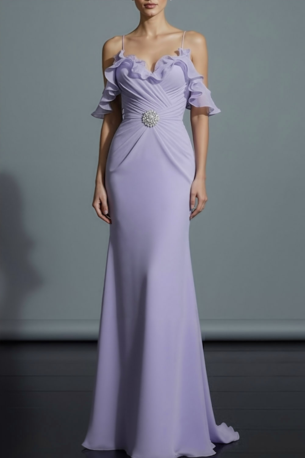 Lilac Formal Evening Dress Cold Shoulder Chiffon Maxi Dress with Ruffle